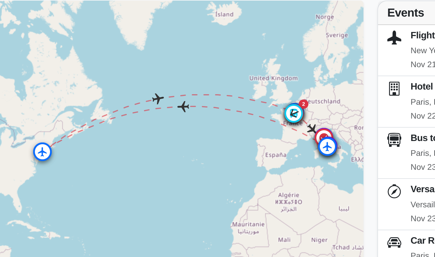 Trip map visualization showing your travel itinerary